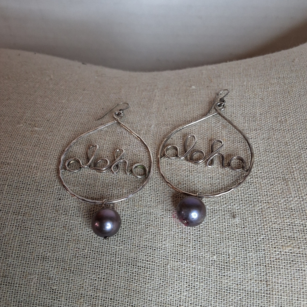 Aloha Script Dangle Earrings Sterling Silver Tone… - image 7